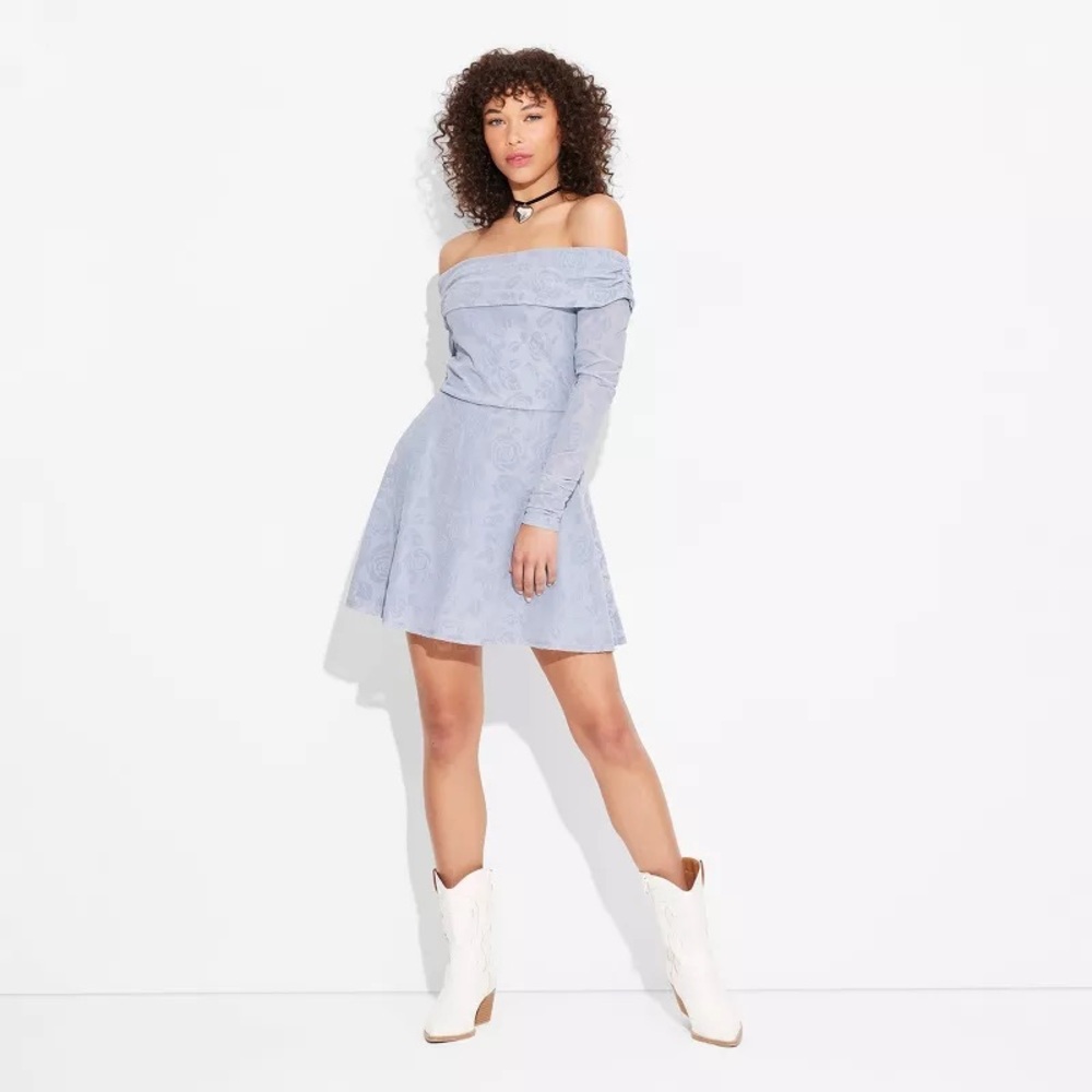 Women's Long Sleeve Flocked Mini Fit and Flare Dress
